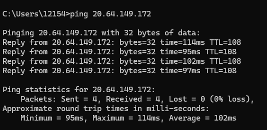 Ping response confirming VM is public