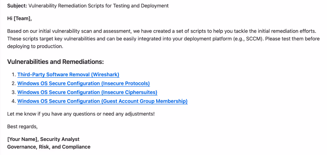 Remediation script execution output